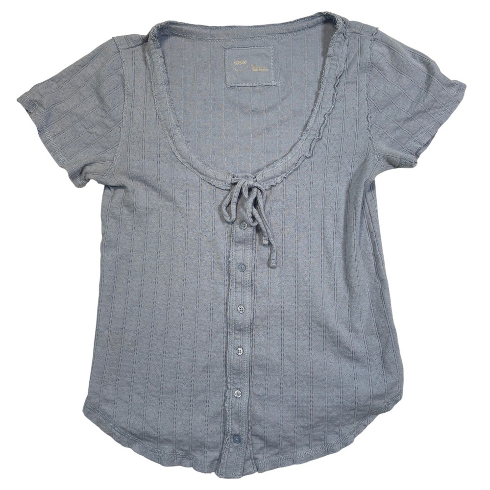 Aerie Blue Ribbed Button Front Short Sleeve Top Scoop Neck Tie Detail Medium